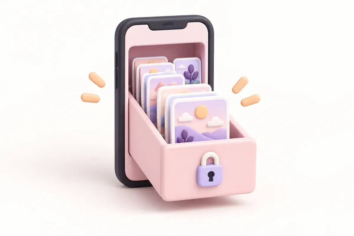 Illustration of story cards filing themselves into a private drawer inside a phone