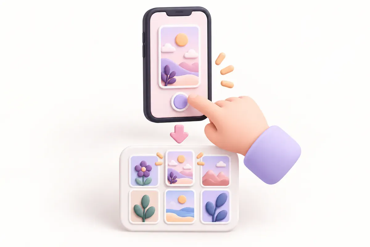 Illustration of a story being posted while the same picture drops into the phone's gallery