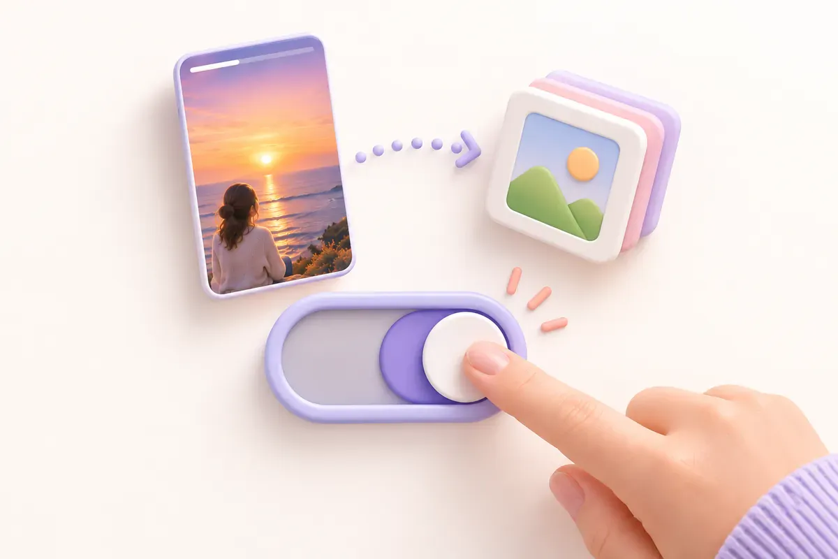 Illustration of a switch being turned on to save stories to the photo album