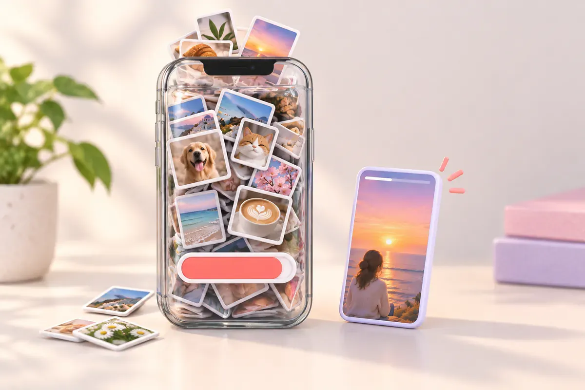 Illustration of a phone overflowing with photos so a new story can't fit