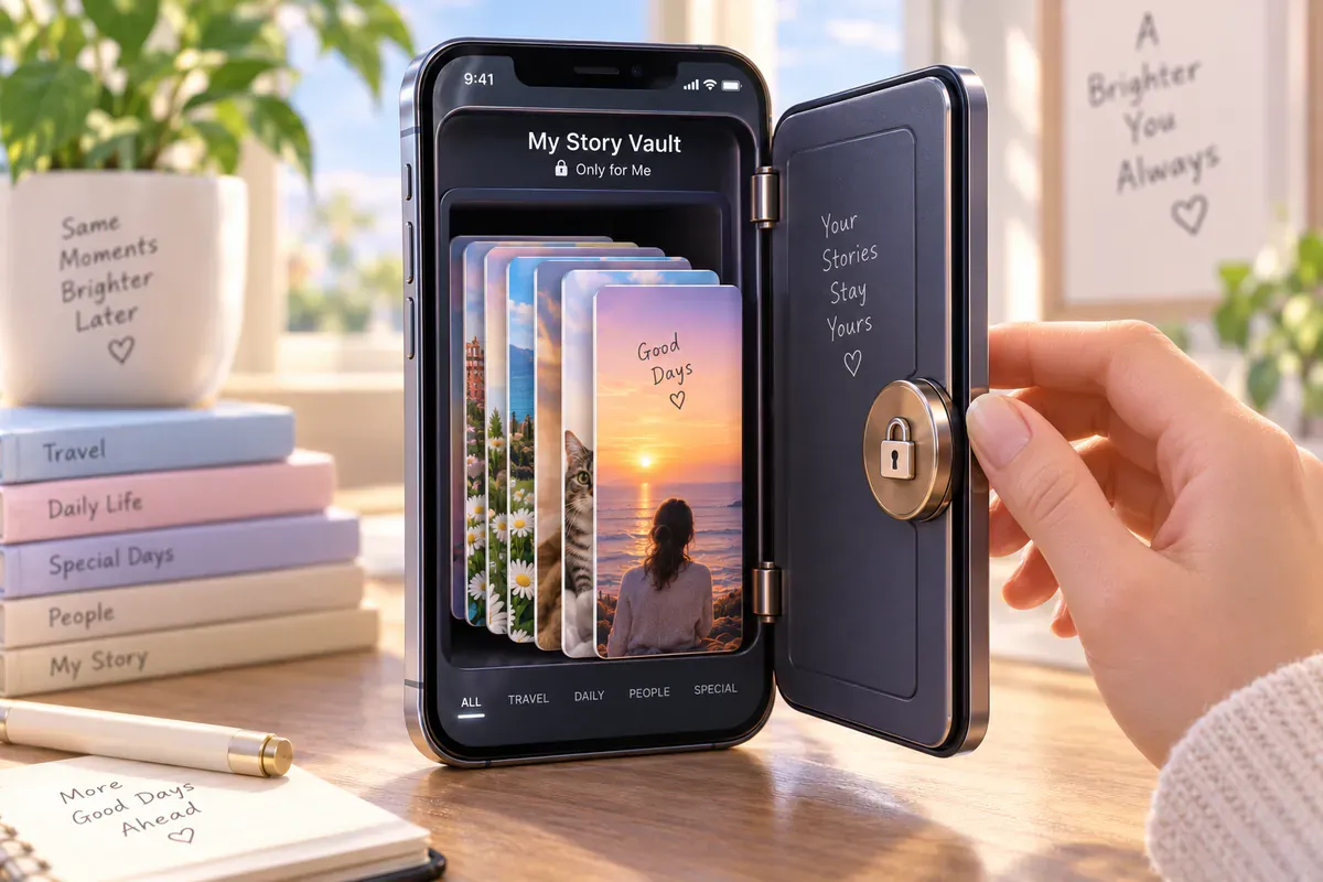 Illustration of story cards stored in a locked vault inside a phone