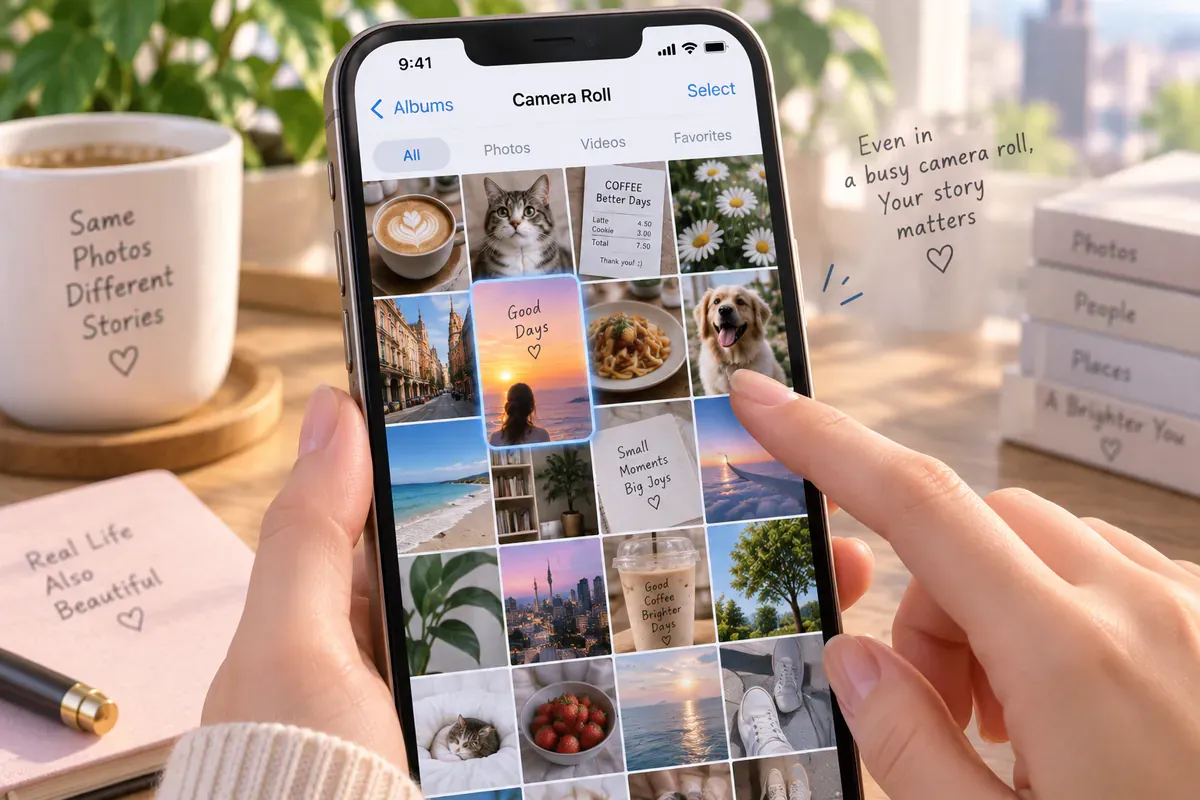 Illustration of a story sliding into a crowded phone photo gallery