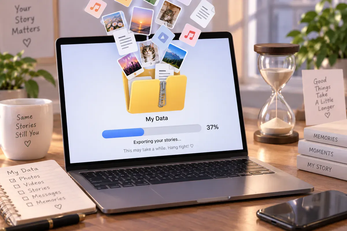 Illustration of a laptop slowly receiving a folder full of files