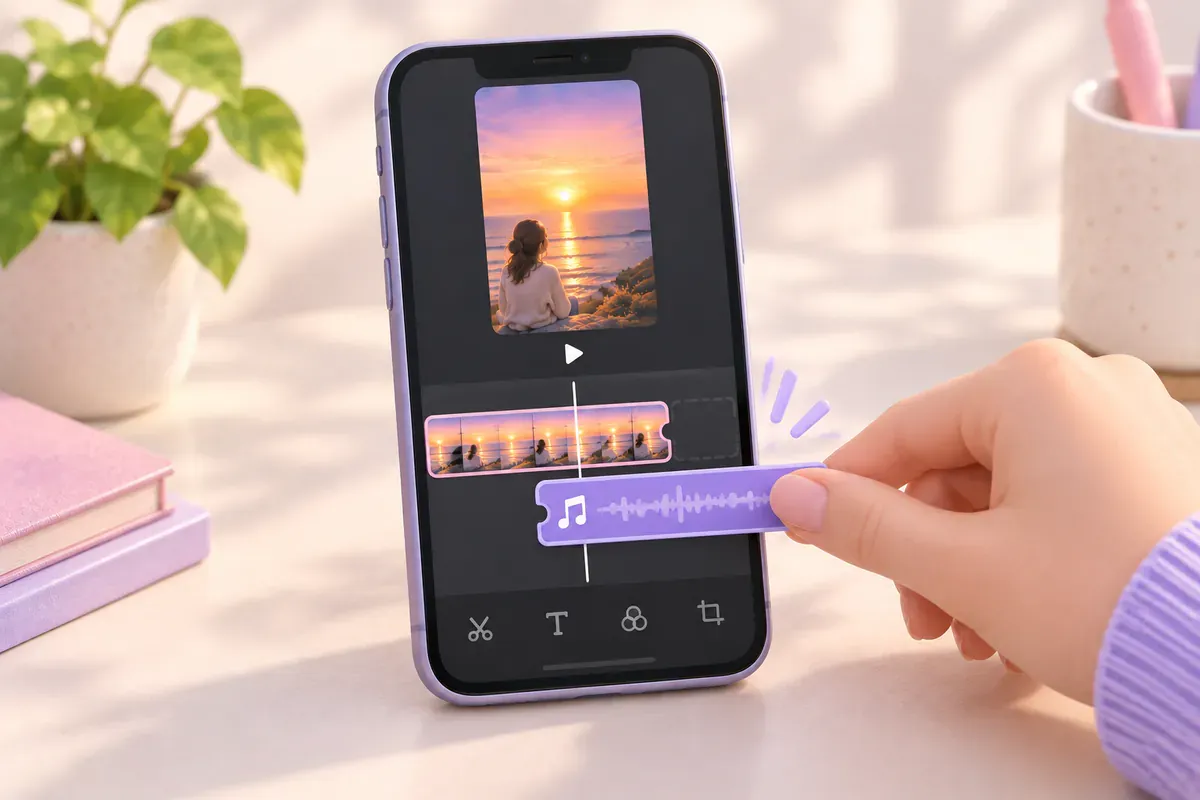 Illustration of a video clip and a music track joined in an editing app